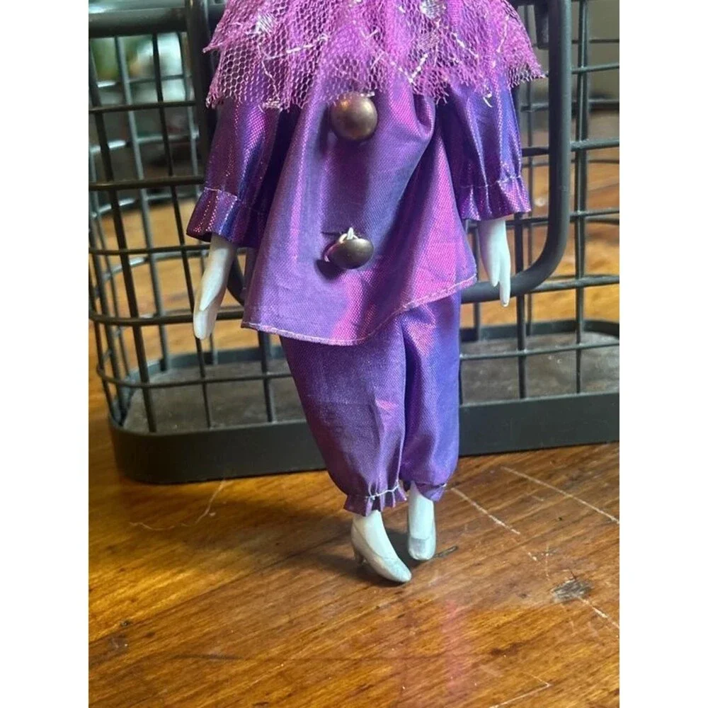 Vintage Purple Porcelain Face Pierrot Doll 7.5 Inch Sad Teardrop Clown Harlequin